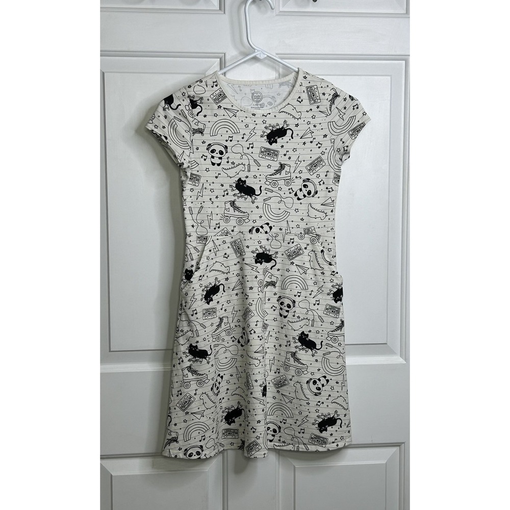 Wonder Nation Dress Cats Pandas Skates Dino Girls L 10-12 Beige Black Pockets